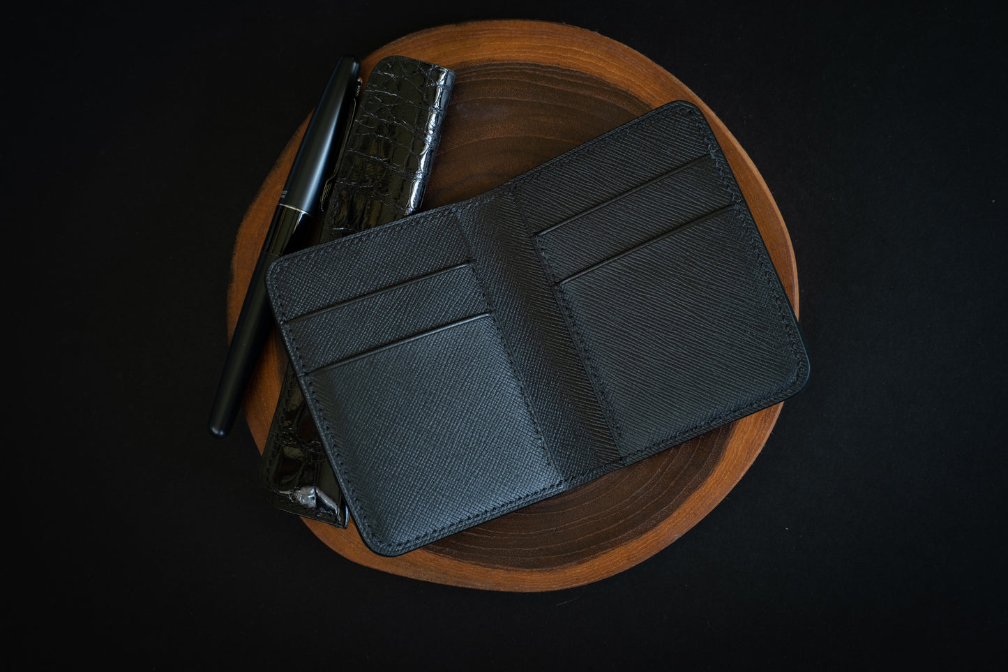 Matte Black Alligator & Saffiano Compact Bifold