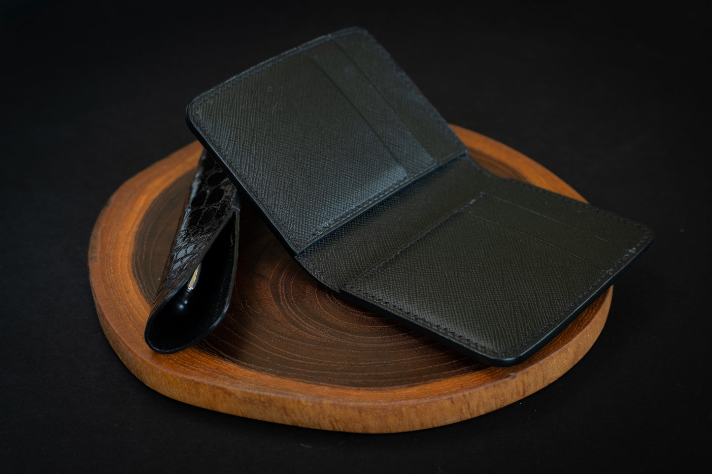 Matte Black Alligator & Saffiano Compact Bifold